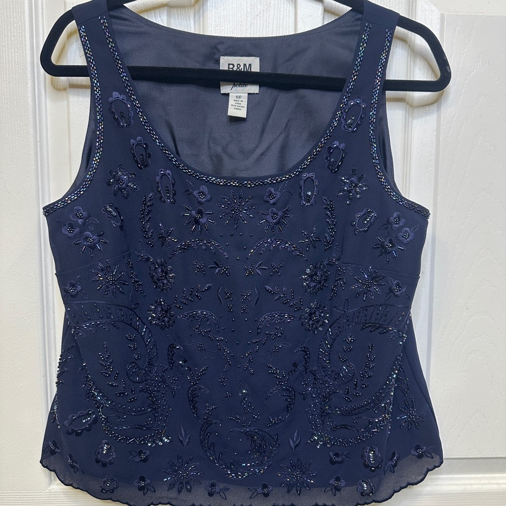 R&M Richards Beaded Mesh Tank Top Navy Y2K Fairy Boho Glam Size 10P